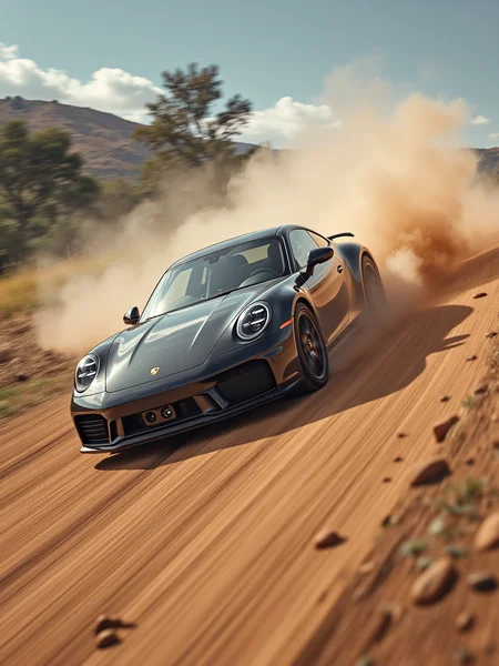 porsche 911 on a steep hill, dirt road, spinning wheels, lot of sand and dust