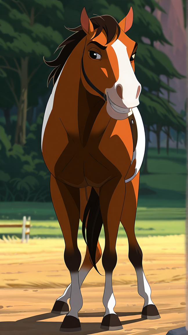 disney animation,
best quality, amazing quality, detailed, absurdres, photorealistic background, no lineart, very aesthetic, dynamic lighting, detailed face, detailed fur, detailed background,
male, smile, outside, feral, solo, standing, horse, full body, facing viewer, majestic, 1man, prince, riding horse, confident, spread legs, grin,
<lora:Disney_Animation_v5-V7:1>âââ