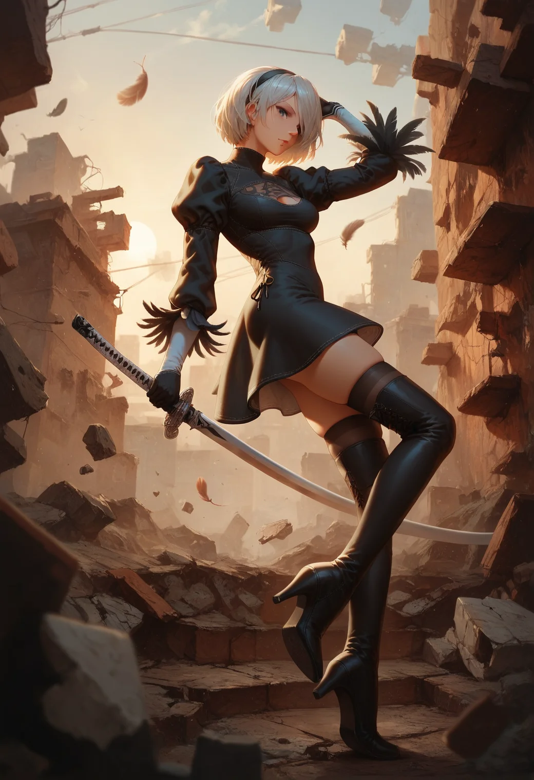 score_9, score_8_up, score_7_up, Anime Style, Full Body Shot, yorha no. 2 type b, short white hair, black dress, thighhighs, hairband, black gloves, clothing cutout, cleavage cutout, puffy sleeves, long sleeves, black hairband, feather-trimmed sleeves, juliet sleeves, mole under mouth, holding katana, black thighhighs, tight boots, turtleneck, sunset, rubble in the background, depth of field, dynamic angle, fashion photography, sharp, hyperdetailed:1.15, womn,<lora:Womnv2-000006:1>, <lora:hand 5.5:0.75>