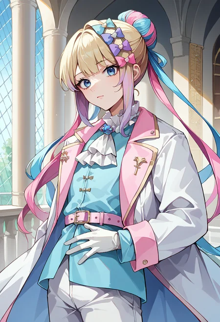 score_9, score_8_up, source_anime, 1girl, solo, KAngelPrince, blue eyes, multicolored hair, blonde hair, blue hair, pink hair, single hair bun, multiple hair bows, white ascot, frilled collar, blue shirt, pink belt, white coat, white gloves, white pants, indoors, palace, <lora:ChamKAngelPonyXL:1>