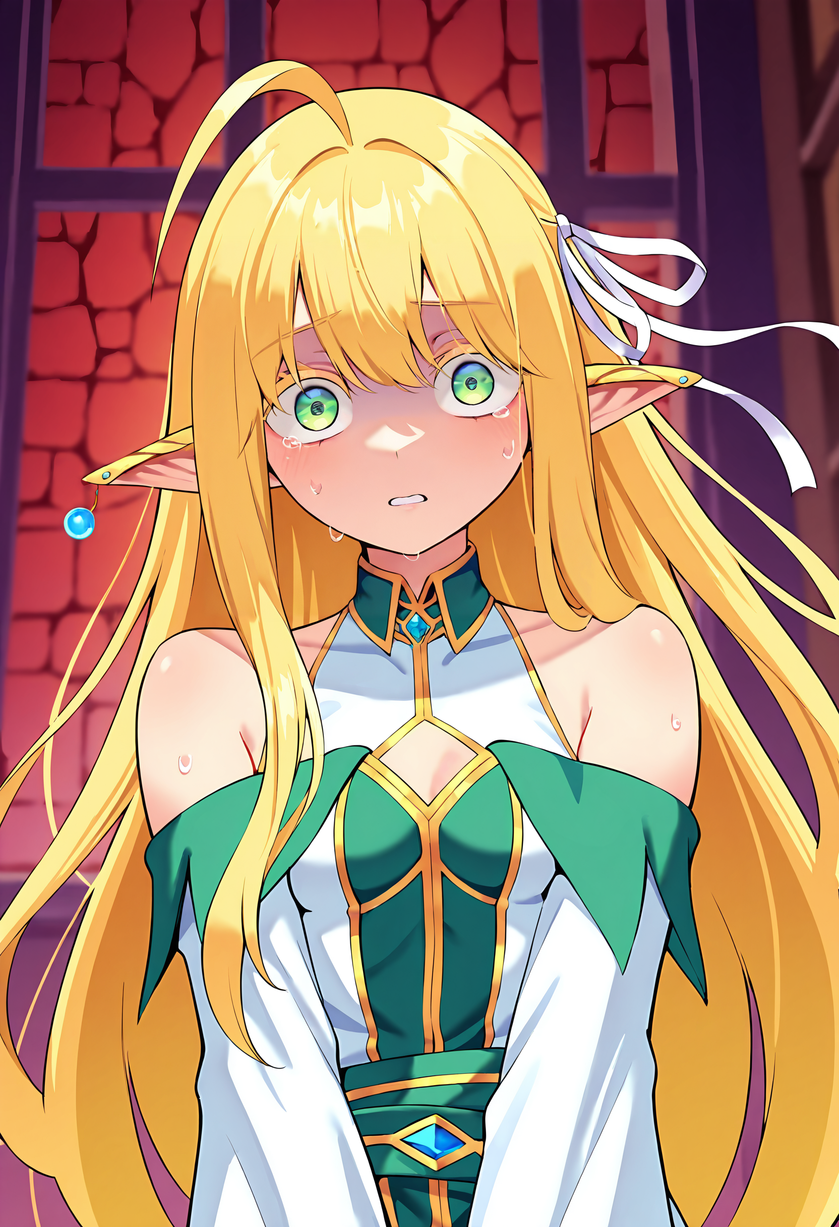 masterpiece, best quality, amazing quality, very aesthetic, absurdres, newest, 1girl, solo girl, medival city wall background, upper body shot, <lora:add-detail-xl:2> 
BREAK <lora:Tia_Lunaritia_r1:0.8> Tia, elf, blonde hair, long hair, ahoge, big eyes, pointy ears, green eyes, colored eyelashes, hair ribbon, earrings, small breasts, in shock, 
BREAK  detatched sleeves, bare shoulders,
masterpiece, best quality, amazing quality, very aesthetic, absurdres, newest