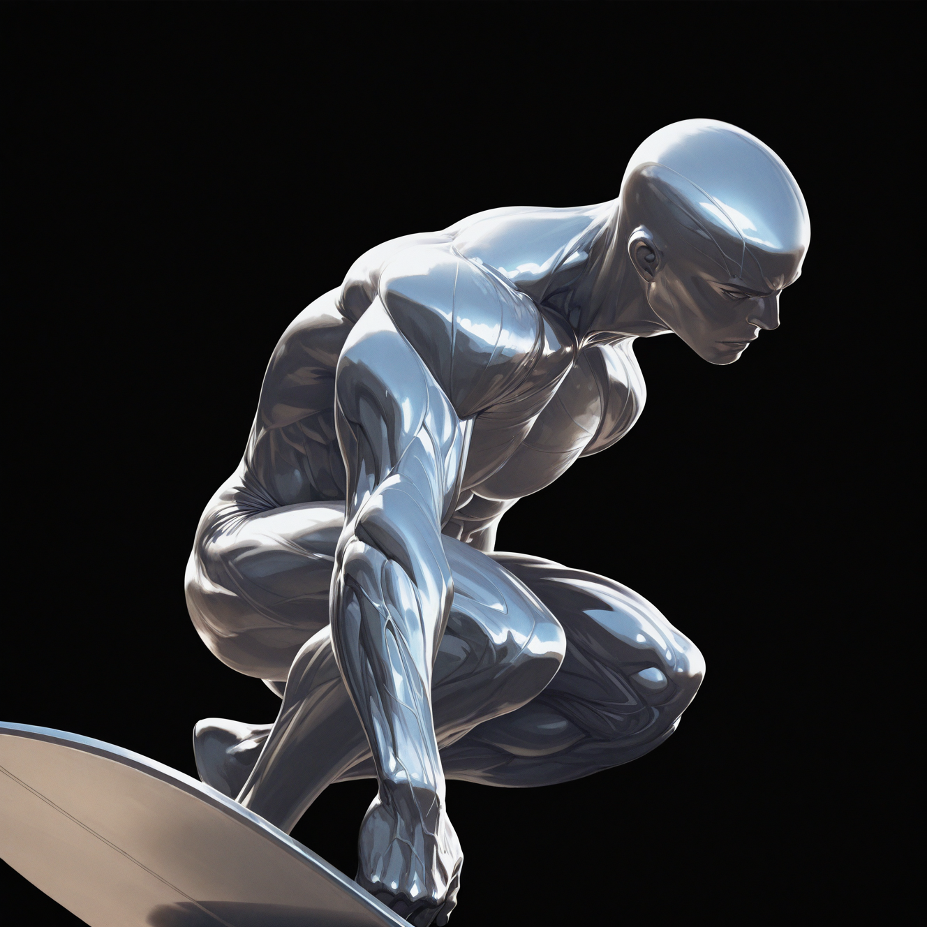 <lora:SILVER_SURFER:1.5>silver_surfer, solo, simple background, 1boy, male focus, feet out of frame, muscular, colored skin, bodysuit, abs, muscular male, squatting, black background, realistic, bald, on one knee, superhero, alien, surfing, traditional media, veins, motion blur, film grain, abstract, natural lighting, fantasy, cinematic, dynamic view, tilted angle, very awa, masterpiece, best quality, absurdres, newest, perfect quality, detailed background, intricate details,  (artist:fl \(l-fl\):0.7), (artist:tooboshoo:0.7), (artist:dizdoodz:0.8)