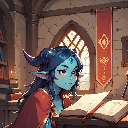 score_9, score_8_up, score_7_up, dragon woman, blue skin, dragon woman, medium breasts, mage robes, adventurer, face focus, dragon wings, close up, indoors, castle interior, banner, window, magic, book, mage <lora:blue_dragon_lady_06_resized:0.8>