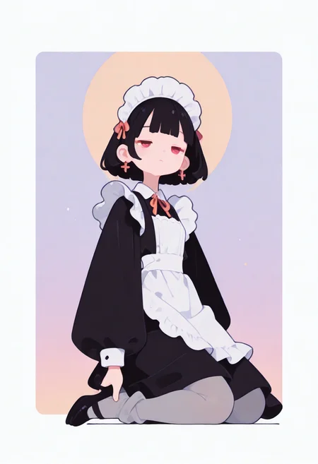 masterpiece, best quality, amazing quality, absurdres, newest, 1girl, solo, black hair, bobcut, red eyes, blunt bangs, tight gossamer very short victorian black maid dress, maid apron, 
medieval tavern in pastel color  background with thick white border,
half closed eyes, distant gaze, unfocused eyes, 
popping out of background, full body, from below, kneeling on one knee, windy, 
dynamic pose, 
grey tights, skinny upper body, matte grey tights, thick greytights, pumps,
 [skinny upper body], translucent skin, [[chubby thick legs]], bottom heavy,
skindentation, thick ankles, chunky ankles,
ultra-realistic, Flatline, Flat vector illustration, haiz_ai, no lineart, no outline,
pplegs,  
<lora:haiz_ai_illu:0.8> <lora:flatline:1.65>  <lora:ponyv6_noobE11_2_adamW:0.25>  <lora:Slider-LimbWidth:1.75> <lora:Slider-LegLength:-1.5>  <lora:v0.04_Concept_pony:0.45>
