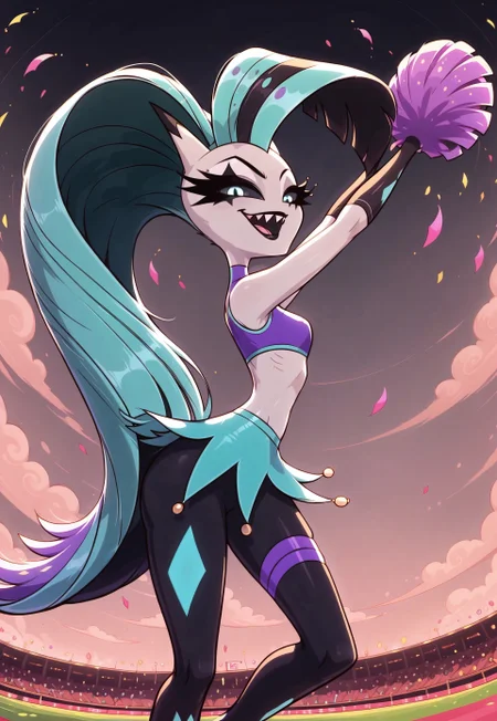 safe_pos, masterpiece, score_9_up, score_8_up, score_7_up, score_6_up, (best quality:1.1), ultra-detailed, high resolution, solo, highly detailed macro illustration, xglamx, long hair, aqua hair, sharp teeth, small breasts, black lips, colored sclera, sensual, long eyelashes, Cheerleader outfit, BREAK Outdoors, (Rugby field), white Cheerleader dancing, Dancing, Looking at you, Graceful, Confetti flying, BREAK Highly Visible, sharp focus, perfect lighting, anatomically correct, extremely detailed, high detail, Expressiveh, detailed background