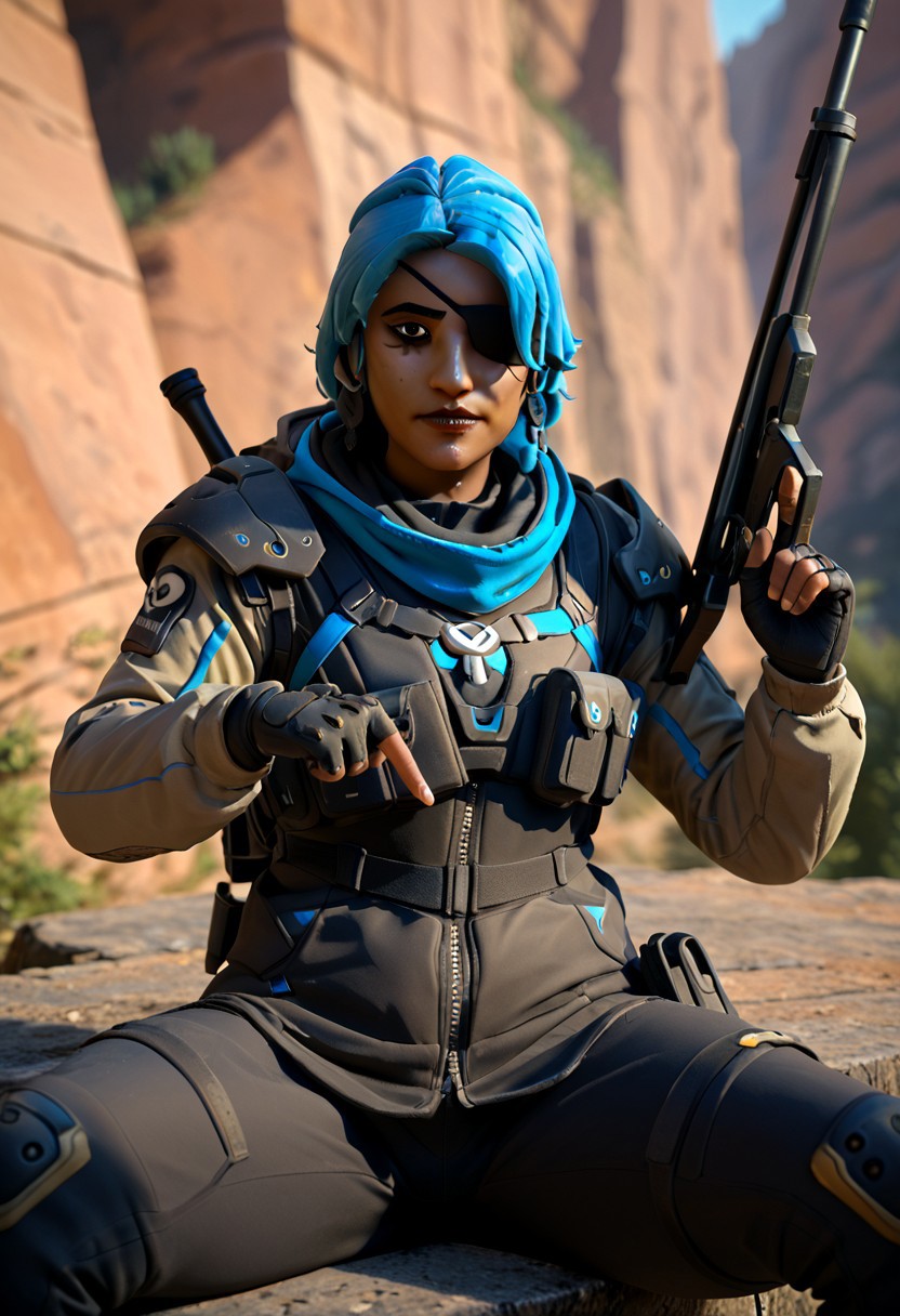 score_9, score_8_up, score_7_up Ana overwatch sitting looking at viewer all geared up unform pointing a sniper