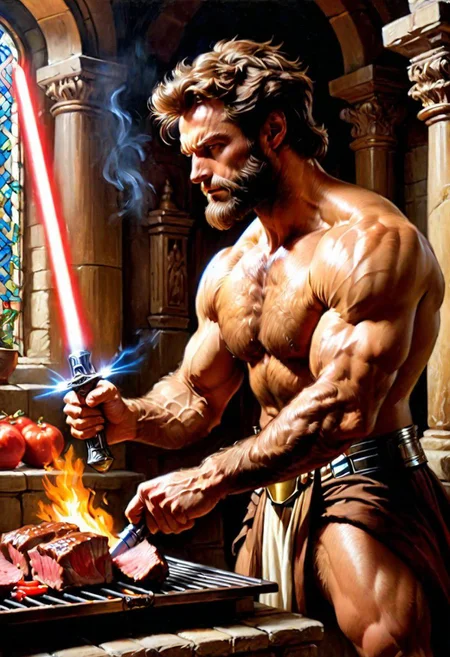 puppy wolverine Obi-Wan, grilling beef on light saber,
Oil Painting,
(Renaissance Paintings, Renaissance style, beautiful, painterly, detailed, textural, artistic), (((intricate details, highly detailed, ultra-detailed, absurdres))), (unreal engine, octane rendering, Anti-Aliasing, sharp focus, natural lighting, high saturation, high contrast, vivid, vibrant, studio lighting, best texture quality), beautiful detailed scenery,
Style-Renaissance
