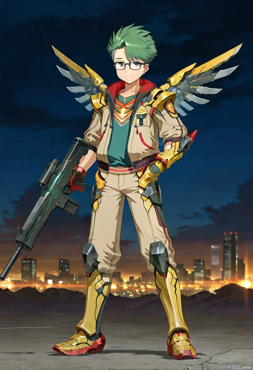 gb4_tao, green hair, short hair, grey eyes, 1boy, solo, male focus, glasses, lean body, young, youthful, wear mecha armor with eagle mecha wings, yellow mecha armor theme, fly toward the viewer, fight pose, high quality, armaments equipped in the armor, score_9, futuristic city in the background, BREAK, his right hand is holding beam rifle, high quality, best quality, masterpiece, detailed draw,detailed eyes, detailed face