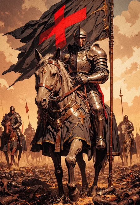 An epic medieval battle scene featuring armored knights on horseback, carrying flags with crosses. The central figure is a knight in detailed silver armor with a red cross-emblazoned shield, holding a large tattered flag. The background is smoky and chaotic, with silhouettes of marching soldiers. The atmosphere is dramatic, with painterly textures and warm tones highlighting the intensity of the battlefield