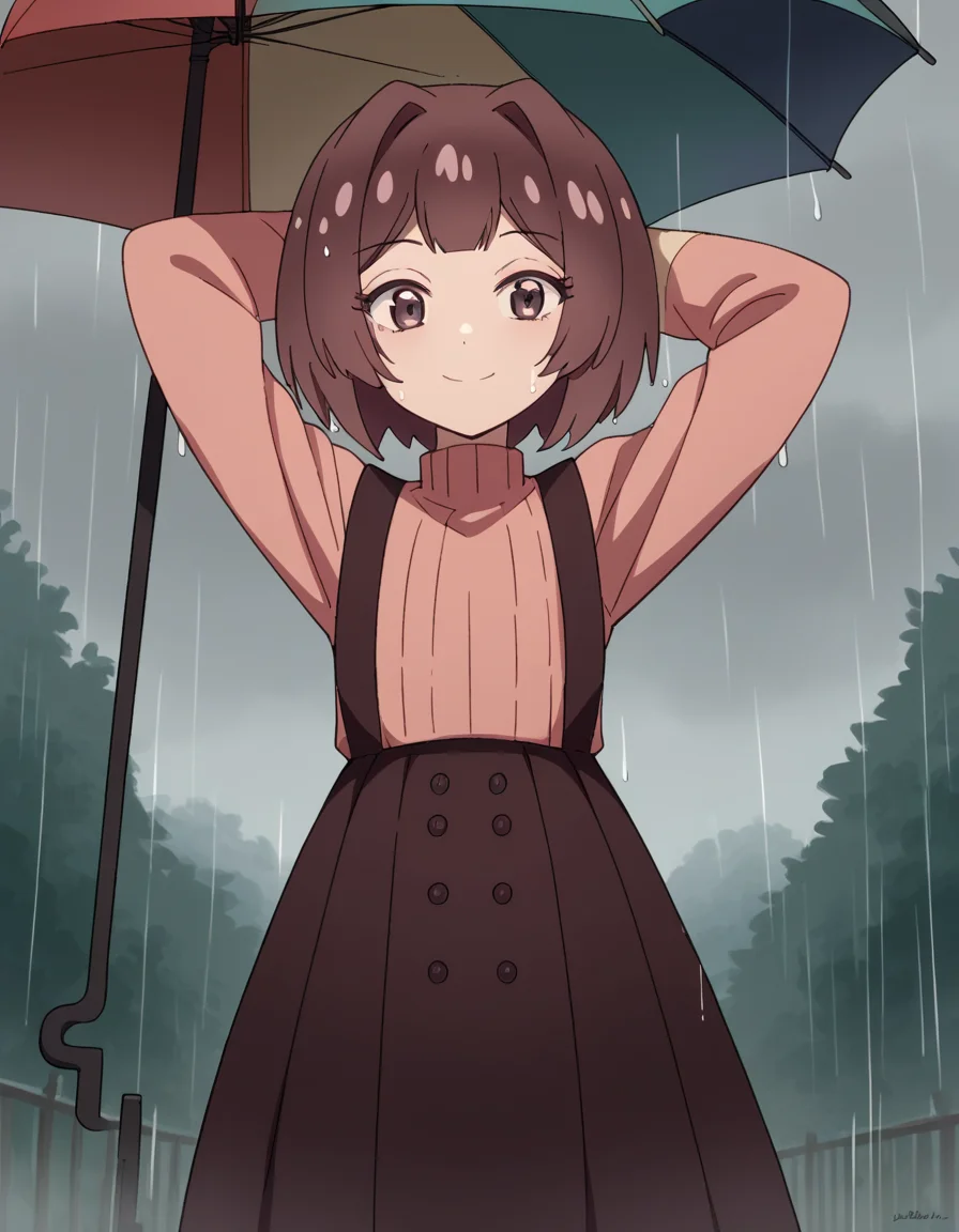 score_9, score_8_up, score_7_up, source_anime, <lora:sakura-sonoue-s1-ponyxl-lora-nochekaiser:1>, sakura sonoue, short hair, bangs, brown hair, brown eyes, hair intakes, bob cut,, skirt, long sleeves, sweater, suspenders, high-waist skirt, brown skirt, suspender skirt, pink sweater, rainy day, umbrella, walking home, puddles, wet hair, , , hands behind head, smile,, solo,, cowboy shot, dutch angle