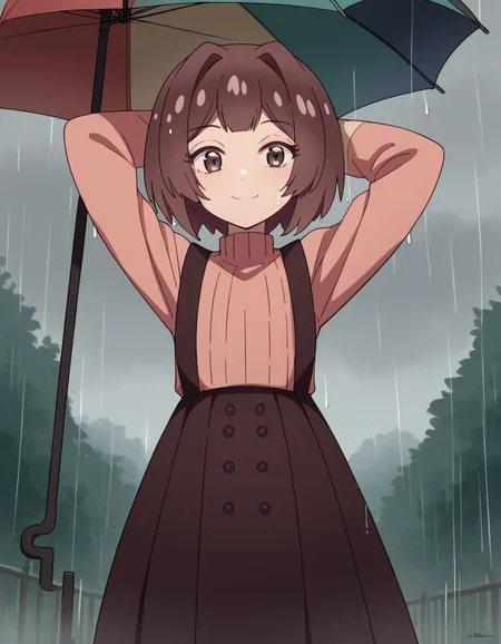 score_9, score_8_up, score_7_up, source_anime, <lora:sakura-sonoue-s1-ponyxl-lora-nochekaiser:1>, sakura sonoue, short hair, bangs, brown hair, brown eyes, hair intakes, bob cut,, skirt, long sleeves, sweater, suspenders, high-waist skirt, brown skirt, suspender skirt, pink sweater, rainy day, umbrella, walking home, puddles, wet hair, , , hands behind head, smile,, solo,, cowboy shot, dutch angle