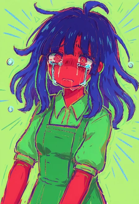 ,3yestrain, bright colors, 1 girl, crying, bright red skin, blue hair, femalefocus, solo, green background