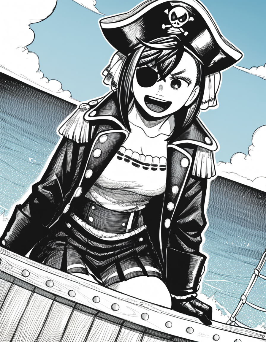 score_9, score_8_up, score_7_up, source_anime, <lora:momo-ayase-manga-ponyxl-lora-nochekaiser:1>, momo ayase, short hair, bangs, thick eyebrows, monochrome, greyscale, medium breasts,, <lora:pirate-costume-ponyxl-lora-nochekaiser:1>, pirate costume, pirate hat, skirt, gloves, jacket, shirt, eyepatch,, blue sky, sea, ocean, pirate ship, treasure, gold, smug, open mouth, from below, sitting,, , dutch angle, cowboy shot