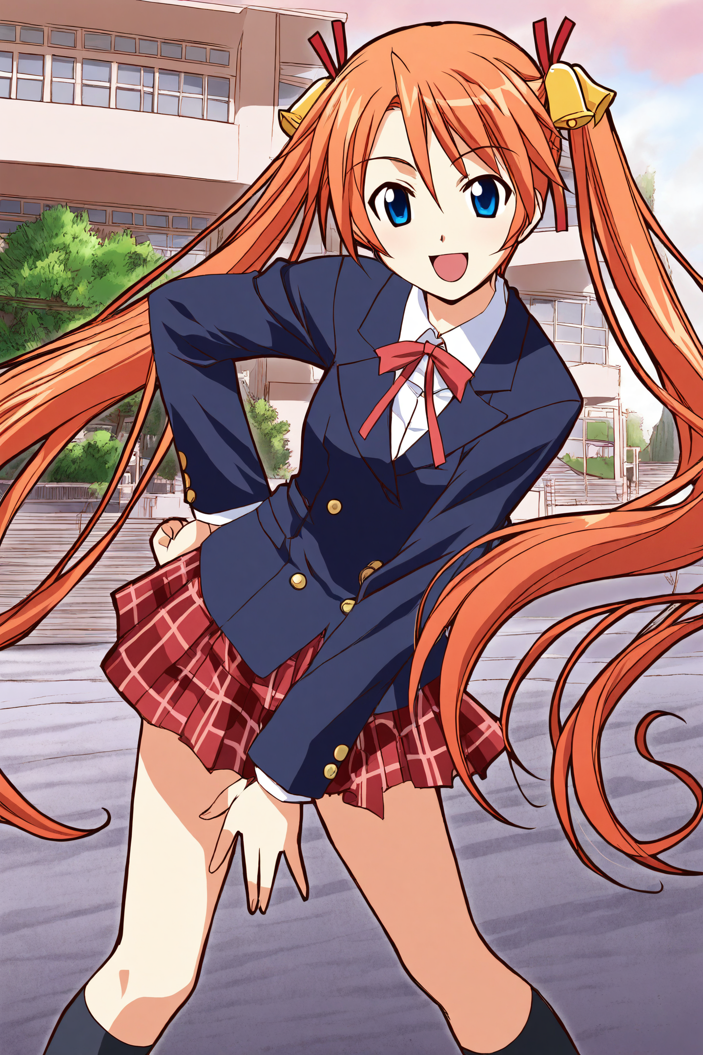 Asuna Kagurazaka,1girl,solo,plaid skirt,bell,hair bell,very long hair,long hair,red skirt,plaid,orange hair,school uniform,socks,twintails,hair ornament,blue eyes,kneehighs,black socks,smile,open mouth,looking at viewer,hand on own hip,school,tree,
<lora:Akamatsu Ken_XL:0.8>,