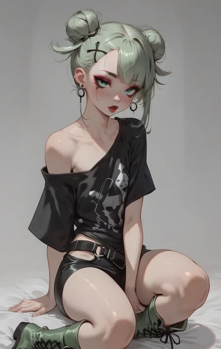 score_9, score_8_up, score_7_up, 1girl, aqua eyes, pale skin, puffy lips, makeup, eye contact, hairclip, light green hair, very short hair, hair up, double bun, hair flaps, asymmetrical bangs, long bangs, x hair ornament, dark red lips, red eyeshadow, mascara, eyeliner, stud earrings, piercing, blush, flat chest, black t-shirt, oversized shirt, oversized clothes, open shoulders, no sleeves, dark gray leggings, leather belt, green boots, leather boots <lora:easynegative:1> <lora:Expressive_H:1> <lora:Concept Art Eclipse Style LoRA_Pony XL v6:1> <lora:ph1lt0m4t0XLP:0.4> ph1lt0m4t0 <lora:OldAnimeStyle_XL_v3:0.4> <lora:princess_xl_v2:0.3>