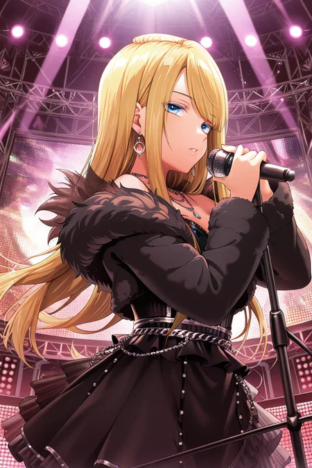 masterpiece, best quality, amazing quality,
<lora:Neo_IL:1> neo, 1girl, solo, microphone, long hair, blonde hair, blue eyes, jewelry, dress, looking at viewer, holding microphone, holding, necklace, black dress, earrings, bangs, fur trim, parted lips, swept bangs, microphone stand, stage outfit