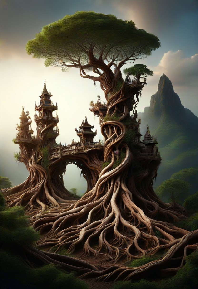 (masterpiece, detailed:1.2), best quality, Tree root tower, beautiful intricate tower, morph-treeroots