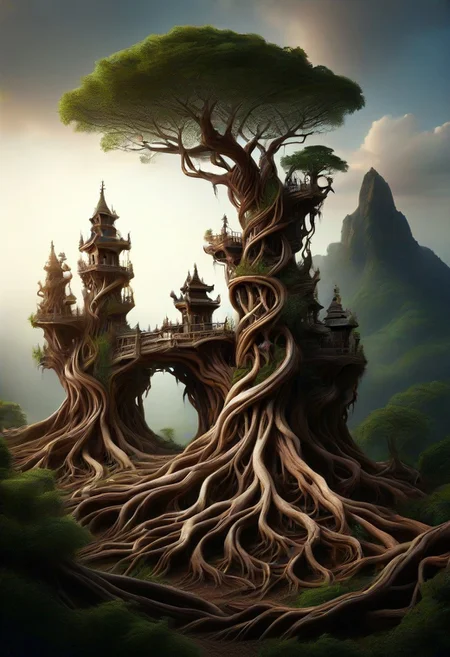 (masterpiece, detailed:1.2), best quality, Tree root tower, beautiful intricate tower, morph-treeroots
