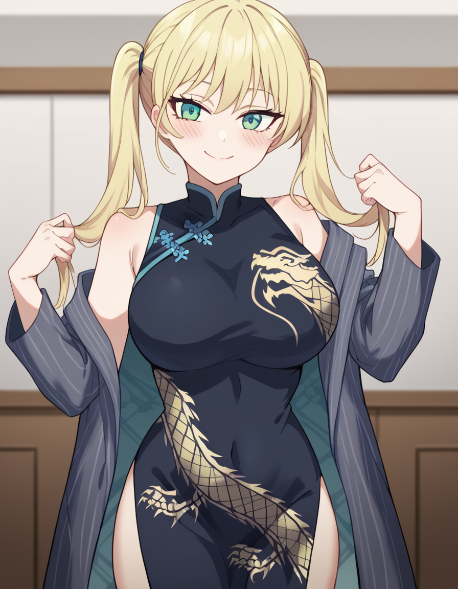 score_9, score_8_up, score_7_up, source_anime, <lora:rika-hoshizaki-s2-ponyxl-lora-nochekaiser:1>, rika hoshizaki, green eyes, blonde hair, twintails, large breasts,, <lora:blue-archive-kisaki-cosplay-ponyxl-lora-nochekaiser:1>, blue archive kisaki cosplay, kisaki (blue archive) (cosplay), dragon print, china dress, print dress, chinese clothes, pinstripe jacket, sleeveless turtleneck dress, cosplay, vertical-striped jacket, pinstripe pattern, pelvic curtain, striped coat, grey coat, black dress, sleeveless dress,, indoors, from side, blush, smile,, cowboy shot, looking at viewer