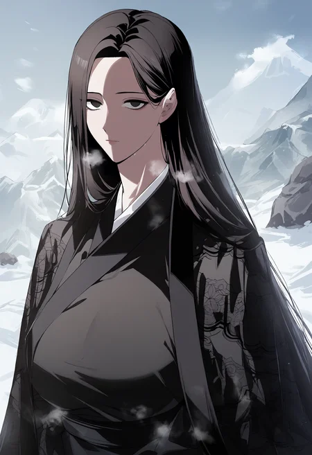 score_9, score_8_up, score_7_up, score_6_up, source_anime, rating_explicit, 1girl, solo, huge breasts, <lora:Seo Baek Hyangautisponyxl:1> black hair, long hair, black eyes, empty eyes, black kimono, long sleeves, wide sleeves, expressionless, Narrow shoulders, heavy breathing, steaming body, snow field, mountain, outdoors, looking at viewer, standing, close-up