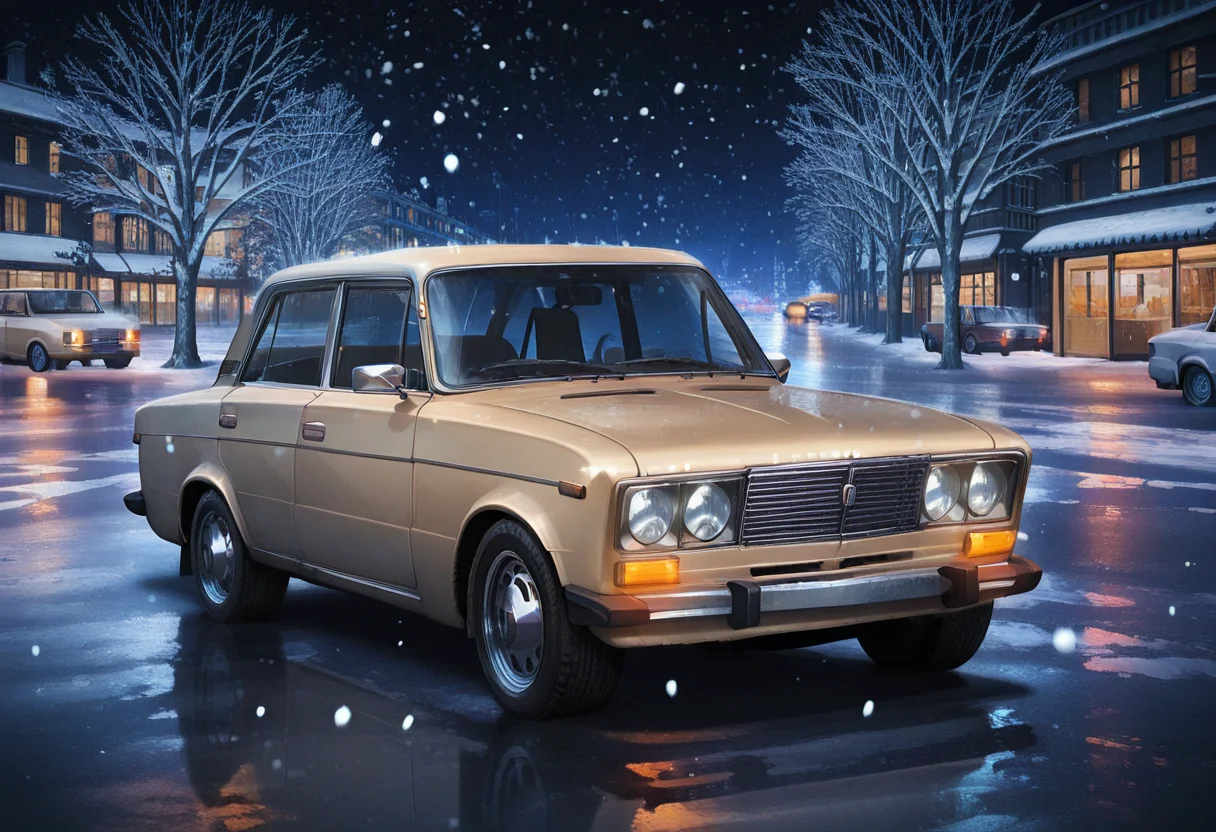 masterpiece, best quality, Graphic Design, color art, vibrant colors, colorful, intricate details, high contrast, detailed background, beautiful detailed, beautiful face, detailed eyes, detailed face, new, newest, no humans, vehicle focus, zh1g4, car, street, city, beige car, anime, dark, night, headlights, winter, snow, snowing,