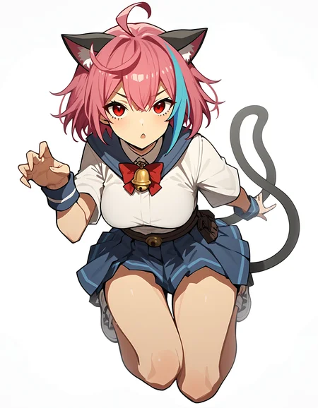 score_9,score_8_up,score_7_up,looking at viewer,thighs,cosplay,cat_ears,cat_tail,cat_pose,cat_girl,cat girl,full body,costume_switch,:3,white background,simple background,bell,
<lora:xialuo_pony:0.5>,xialuo,1girl,solo,red eyes,pink hair,breasts,multicolored hair,blue hair,ahoge,short hair,streaked hair,bangs,<lora:Anime_Screencap:1>,anime screencap,