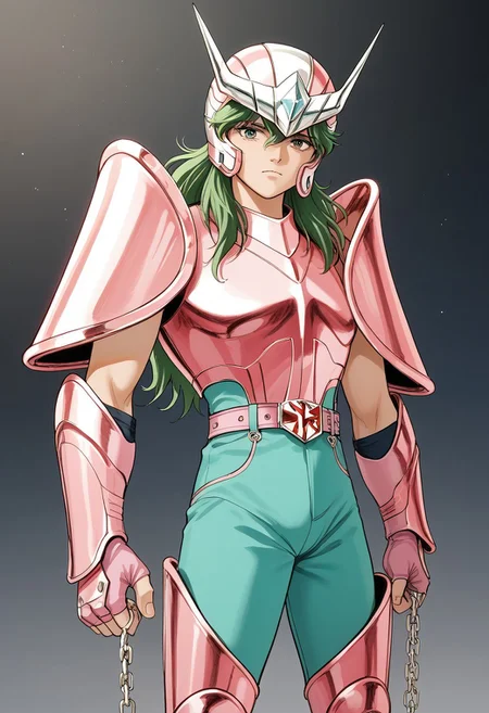 score_9, score_8_up, score_7_up, score_6_up, score_5_up, score_4_up, source_anime, 1boy, andromeda shun, anshun, slim, pink sleeveless armor, long wavy green hair, pink helmet with two prongs and silver accents, pink vambraces, large pink pauldrons, fingerless pink gloves, pink thighhigh greaves, green pants, pink boots, stylized belt buckle with silver and pink accents, 80's, retro aesthetic,