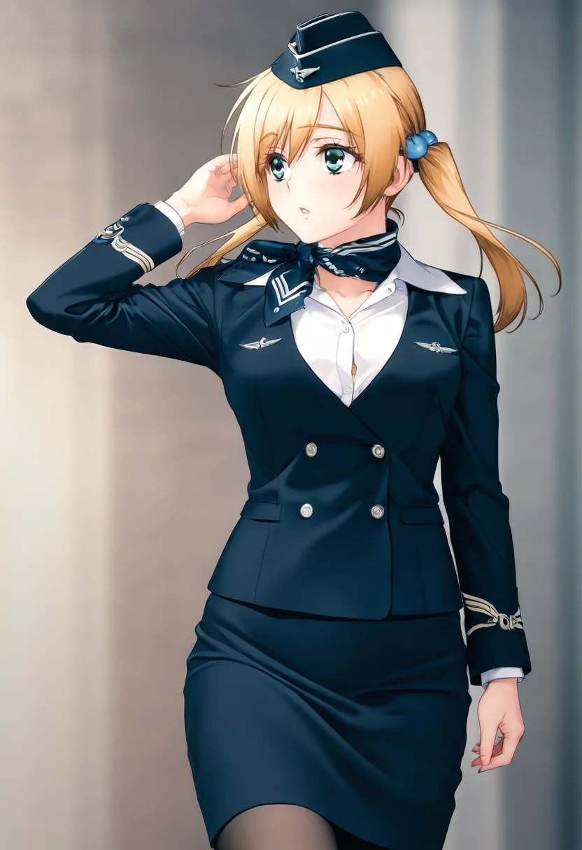 <lora:kohinataIL:0.8>k0hinata,solo,twintails,green eyes,blonde hair,hair bobbles<lora:Outfit_Soph-Aeroflot-ILXL:0.8>st3w4rd3ss,blue jacket,formal,white shirt,garrison cap,pencil skirt,black pantyhose, very awa, masterpiece, best quality, amazing quality, very aesthetic, absurdres, sensitive, newest <lora:spo_sdxl_10ep_4k-data_lora_webui:0.7>,