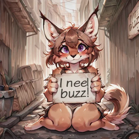 1girl, furry, anthro, feline, solo, cat girl, caracal cat, cat nose, brown hair, bob cut, hair flaps, wavy hair, purple eyes, megafluffy, petite, anthro, female, full body <lora:Mega_Fluffy_IL:1> <lora:spo_sdxl_10ep_4k-data_lora_webui:0.9> <lora:illustrious_quality_modifiers_masterpieces_v1:0.9> masterpiece, best quality, very aesthetic masterpiece, best quality, very aesthetic
<lora:NeedBuzz_sign_Illustrious:1> need_buzz, 'I need buzz', holding sign, looking at viewer, smile, blush, sign between legs, legs apart, sitting, squatting, village background
<lora:9_Poverty:1> poverty, 1girl, frown, torn clothes, looking at viewer, barefoot, dirty, blush, holding, sitting, alley, full body, dirty clothes, smile