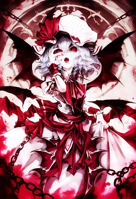 1girl, remilia scarlet, solo, wings, red eyes, hat, bat wings, chain, short hair, ascot, wrist cuffs, open mouth, fangs, ribbon, looking at viewer, blood, jewelry, short sleeves, dress, hat ribbon, puffy sleeves, brooch, slit pupils, hand on own face, skirt hold, sash <lora:banpaiAkiraOSXL_NBVP1_lokr_V6311P:0.95>