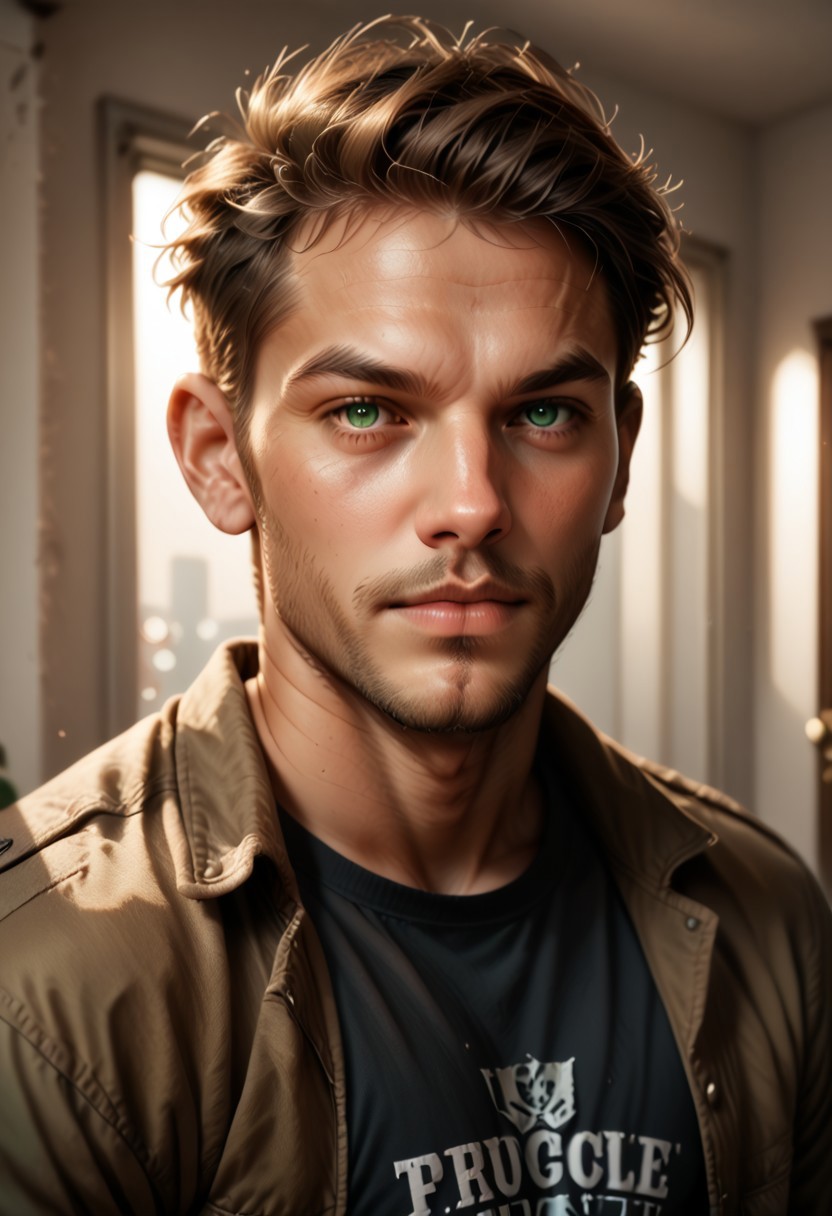 h0tp33p0, 1boy, male focus, facial hair, beard, solo, brown hair, green eyes, jacket, looking at viewer, shirt, realistic, portrait, short hair, black shirt, , score_9, score_8_up, score_7_up, score_6_up, score_5_up, score_5_up, score_4_up, cinematic lighting, cinematic angle, score_9, score_8_up, score_7_up, score_6_up, score_5_up, score_5_up, score_4_up