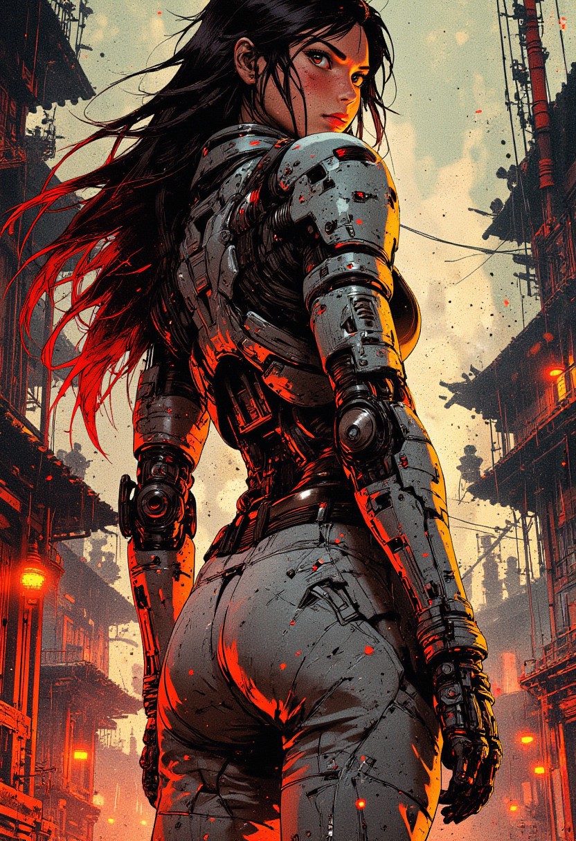 mythp0rt, anime, cyberpunk robot samurai woman, long loose two-tone hair, black with red streaks, helmet, white and neon armor, robot joints, body made of metals, cables and wires, turning around to look at viewer, abstract background of traditional east asian palace architecture