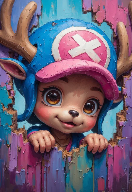 Chopper's cute face pops into the right side of a vertical canvas, his signature blue hat and antlers making the frame appear alive, distorting around his mischievous peeking, Vibrant Glow