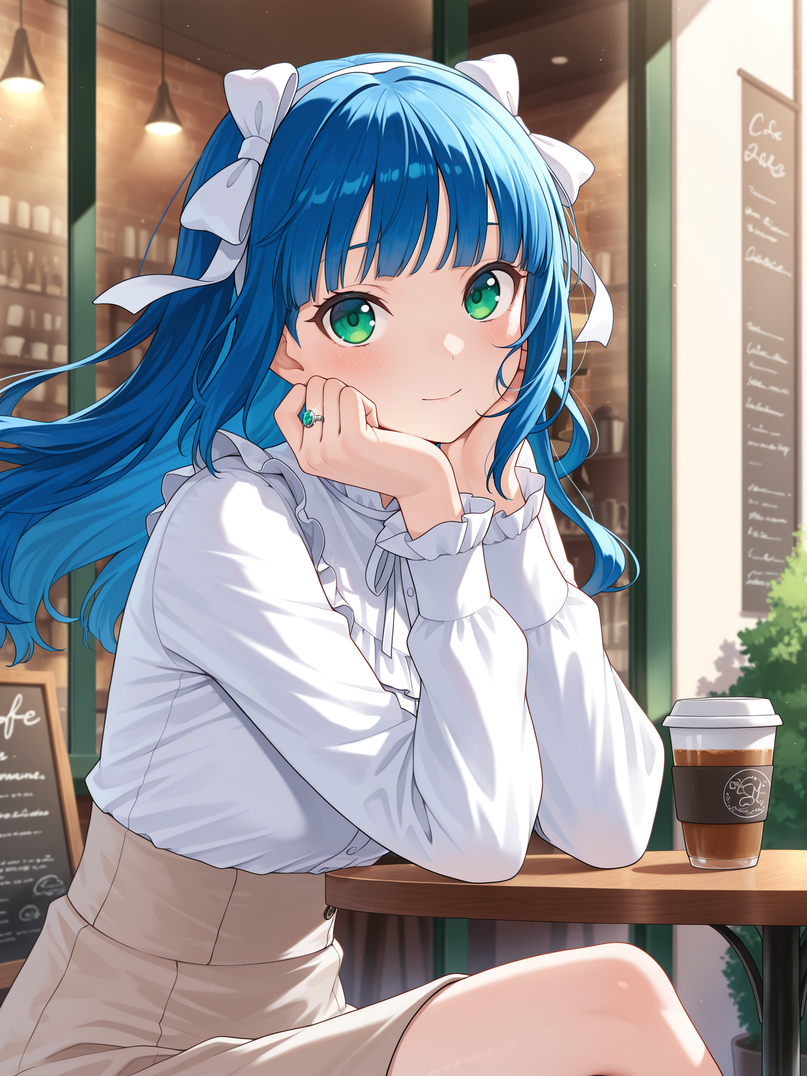 yukiko umino,1girl,solo,black frilled shirt,looking at viewer,white high-waist skirt,long sleeves,white hairband,hand up,upper body,closed mouth,blush,arm up,floating hair,white hair ribbon,light smile,adjusting hair,cafe,outdoors,sitting,crossed legs,hand on own cheek,arms on table,ring,cup,
masterpiece,best quality,amazing quality,very aesthetic,absurdres,newest,<lora:Yukiko Umino & Mei Kitaki & XXXX  5 in 1 illusXL v1:0.72>,