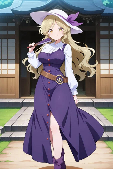 absurdres, highres, masterpiece, best quality, amazing quality, official anime artwork, screencap, anime screencap, outdoors, looking at viewer, light smile, dynamic pose, standing,
<lora:Watatsuki-no-Toyihime_Illustrious:1> watatsuki no toyohime, 1girl, solo, yellow eyes, blonde hair, long hair, large breasts,, white hat, hat riibon, purple ribbon, white shirt, long sleeves, pinafore dress, purple dress, single strap, long dress, buttons, brown belt, loose belt, purple boots, hand fan, shrine, day,