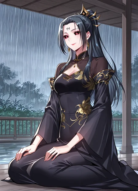 <lora:Hei_Yanyu (2):1>
1 girl, solo, long hair, black hair, red eyes, black sclera
chinese clothes, black dress, long dress, jewelry, earrings, wide sleeves, facial mark, hair ornament, ponytail, forehead mark, ponytail, lipstick
score_9, score_8_up, score_7_up, very aesthetic, source_anime, detailed, high quality, beautiful, detailed eyes, masterpiece, best quality, absurdres, perfect anatomy, 1girl, solo, wariza, sitting, hands on own knees, garden background, charming smile, rain
