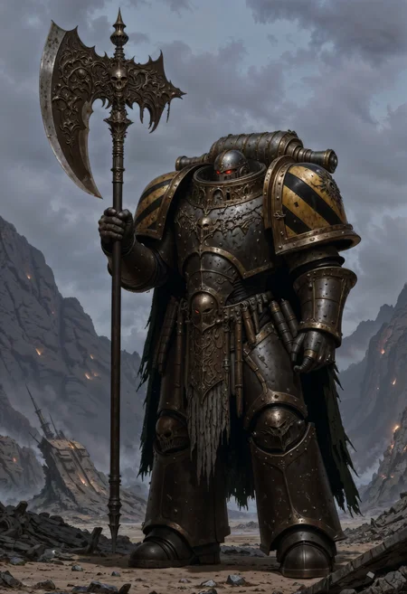 IronW40k. a heavily armored warrior in a futuristic, dystopian setting. The character is clad in dark, metallic armor adorned with skull motifs and fur accents, suggesting a blend of medieval and sci-fi influences. The armor is detailed with intricate engravings and battle scars, indicating wear and combat experience. The warrior holds a large, menacing axe with a jagged blade, and the background depicts a desolate landscape with debris and a cloudy sky, enhancing the apocalyptic atmosphere. The color palette is dominated by dark grays, browns, and muted blues, contributing to the somber and intense mood of the scene.