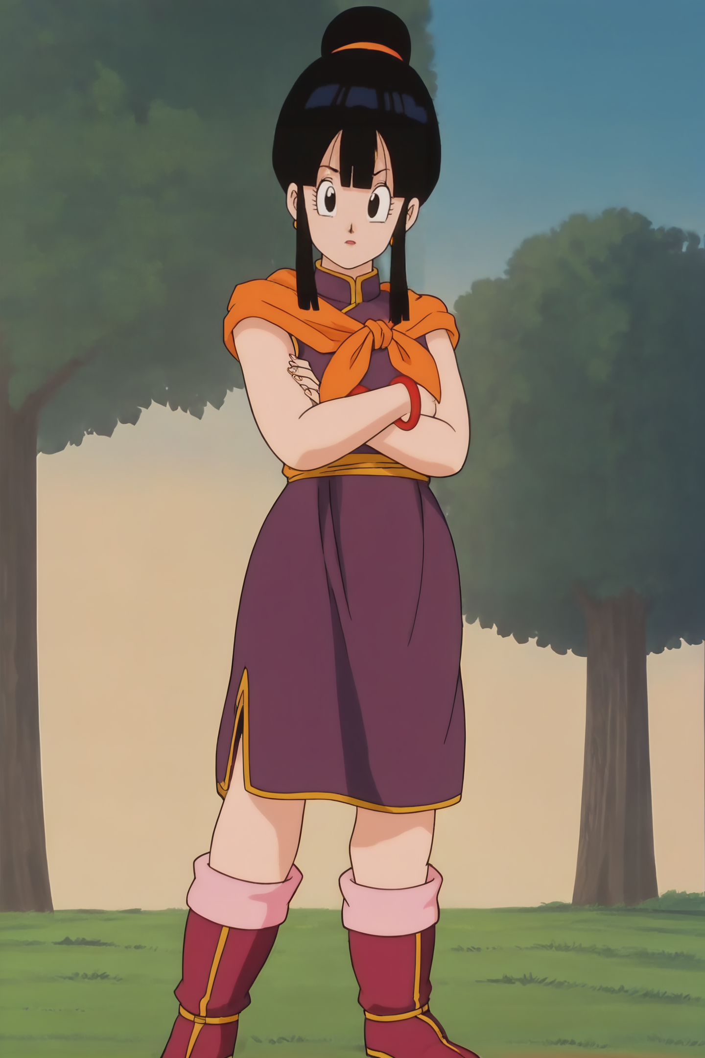source_anime, score_9, score_8_up, score_7_up, anime screencap,8k, absurd res,
chi-chi, 1girl, solo, looking at viewer, bangs, tree, black hair, outdoors, looking to the side, standing, full body, sidelocks, earrings, boots, blunt bangs, hair bun, black eyes, red bracelet, crossed arms, single hair bun, red footwear, purple dress, orange neckerchief, pink legwear, orange sash, sleeveless, from below,
 <lora:chichi_pony_v2:0.8>