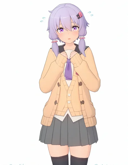 1girl, solo, yuzuki yukari, purple hair, thighhighs, purple eyes, cardigan, hair ornament, skirt, black thighhighs, blush, school uniform, hairclip, short hair, white background, looking at viewer, zettai ryouiki, brown cardigan, open cardigan, simple background, twitter username, pleated skirt, shirt, flying sweatdrops, cowboy shot, grey skirt, open mouth, open clothes, long sleeves, sailor collar, serafuku, bangs, purple neckerchief, hands up, hair between eyes, neckerchief, parted lips masterpiece,best quality,zzzstyle,<lora:zzz_style_noob_eps1.1:0.8>,
