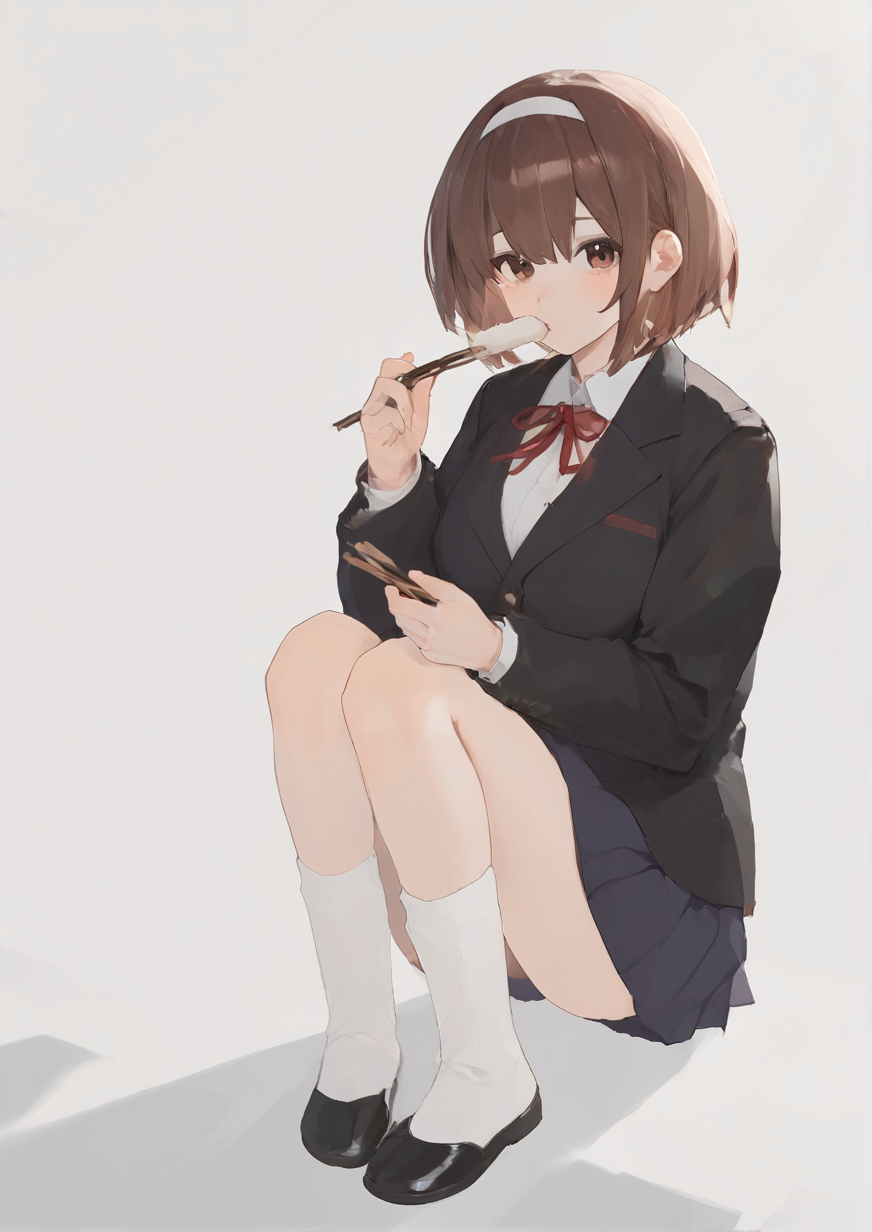 1girl, tainaka ritsu, huge breast, blazer, brown eyes, brown hair, chopsticks, eating, food, foot up, full body, hairband, holding, holding chopsticks, jacket, layered sleeves, long sleeves, looking at viewer, neck ribbon, no shoes, plate, pleated skirt, ribbon, rice, sakuragaoka high school uniform, school uniform, shadow, shirt, short hair, sitting, skirt, socks, solo, white socks, winter uniform,, zPDXL3<lora:KwakKwak0729:1>