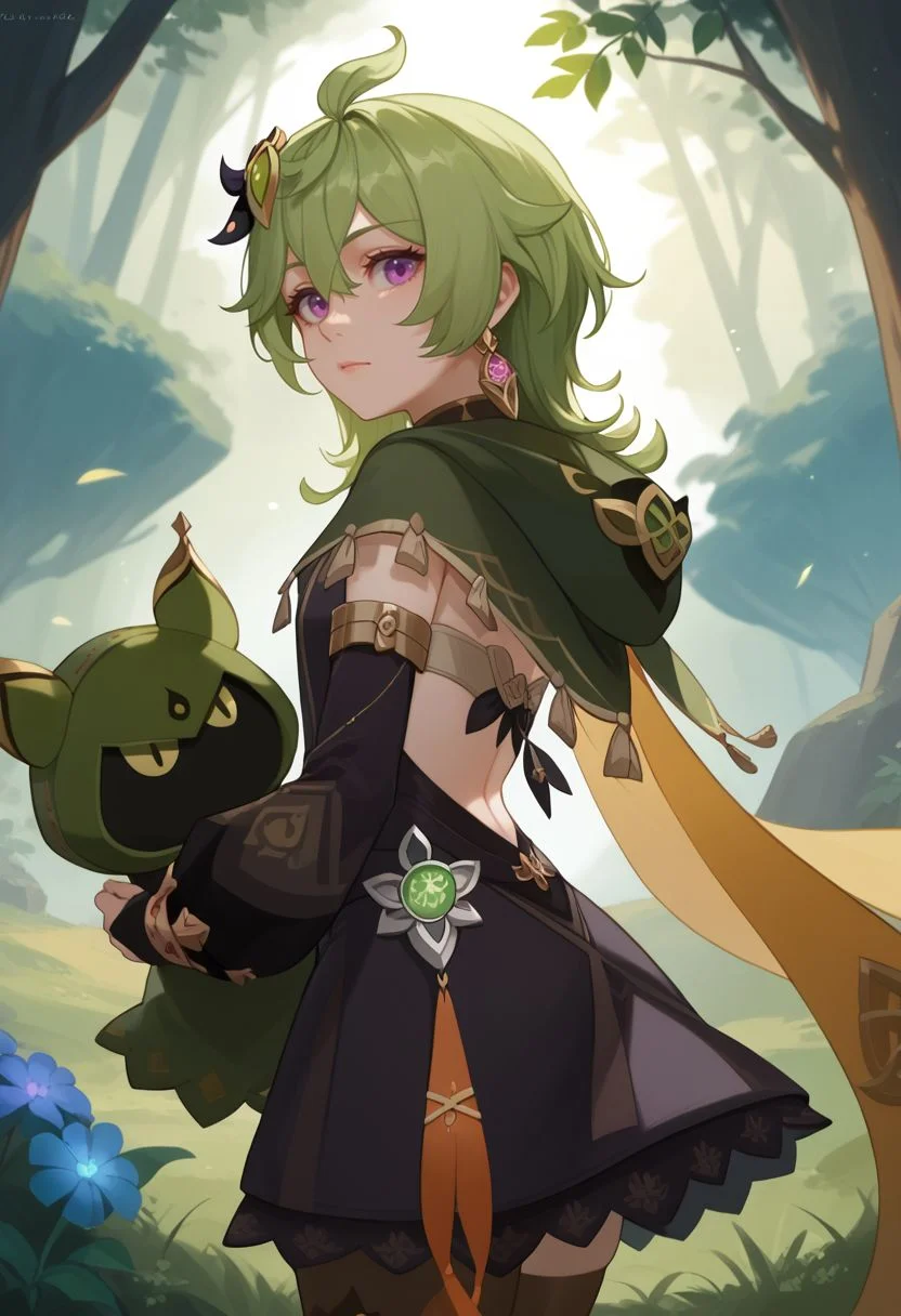 score_9, score_8_up, score_7_up, source_anime, 1girl, colleidef, green hair, medium hair, purple eyes, hair ornament, hair between eyes, ahoge, earrings, single earring, jewelry, green capelet, black dress, detached sleeves, puffy long sleeves, backless dress, bridal gauntlets, crossed bangs, brown thighhighs, asymmetrical legwear, thighlet, vision \(genshin impact\), standing, holding doll, doll, looking at viewer, outdoors, forest, sun, grass, from behind, back, looking back, <lora:Collei_v1-000010:1>