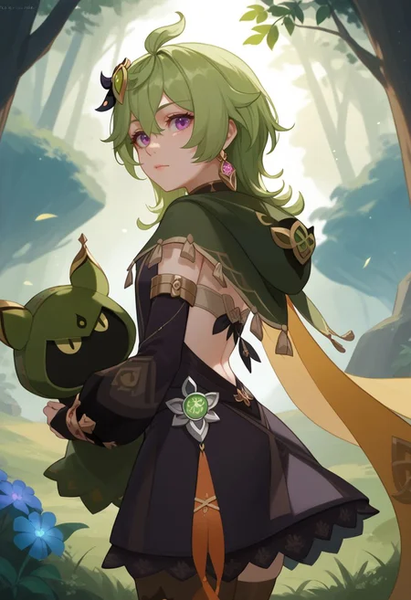 score_9, score_8_up, score_7_up, source_anime, 1girl, colleidef, green hair, medium hair, purple eyes, hair ornament, hair between eyes, ahoge, earrings, single earring, jewelry, green capelet, black dress, detached sleeves, puffy long sleeves, backless dress, bridal gauntlets, crossed bangs, brown thighhighs, asymmetrical legwear, thighlet, vision \(genshin impact\), standing, holding doll, doll, looking at viewer, outdoors, forest, sun, grass, from behind, back, looking back, <lora:Collei_v1-000010:1>