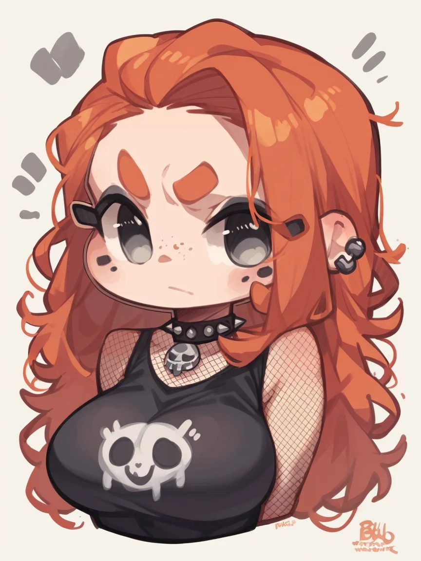score_9, score_8_up, score_7_up, score_6_up, score_5_up, score_4_up, <lora:jrXLP:1> jr, chibi, 1girl, ginger, grey eyes, freckles, long hair, large breasts, fishnets, goth