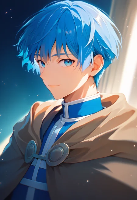 himmel \(sousou no frieren\), 1boy, male focus, solo, mole under eye, mole, smile, looking at viewer, short hair, cloak, blue hair, blue eyes, profile, closed mouth, cape, upper body, brown cape, <lora:sousou_no_frieren_collection_v1.2:1> score_9, score_8_up, score_7_up, score_6_up, absurdres, masterpiece, best quality, very aesthetic