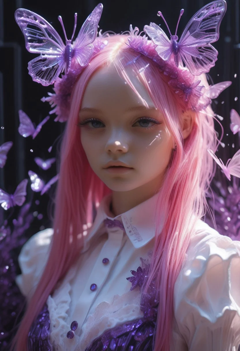 (Theme: Draconic Crystals). masterpiece, newest,absurdres,incredibly absurdres, 1girl, CivChan, solo, bug, butterfly, purple eyes, pink hair, maid uniform, looking at viewer, long hair, purple theme, eyelashes, flower, snowflakes look like crystals, dark_theme,abstract background,
depth of field