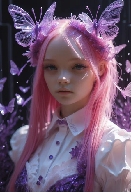 (Theme: Draconic Crystals). masterpiece, newest,absurdres,incredibly absurdres, 1girl, CivChan, solo, bug, butterfly, purple eyes, pink hair, maid uniform, looking at viewer, long hair, purple theme, eyelashes, flower, snowflakes look like crystals, dark_theme,abstract background,
depth of field