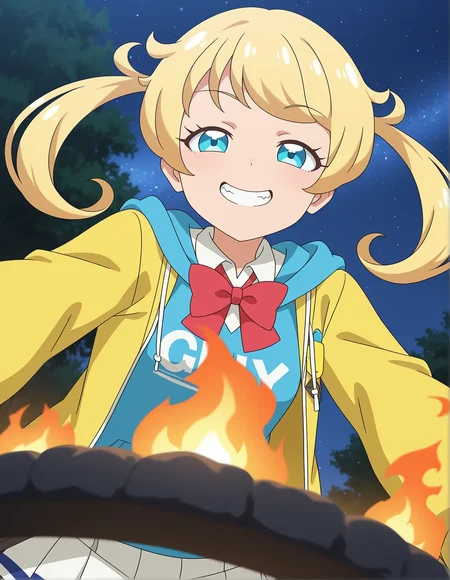 safe,best quality,very aesthetic,absurdres,newest,masterpiece,1girl,solo,highres,grin,evil smile,closed mouth, ,anime coloring,,1girl, roasting marshmallows, camping, starry night, warm firelight, cheerful, solo, ,from below, ,half-closed eyes,,<lora:il-prichan-emo1.0:1>,kiratto pri chan,moegi emo,blue eyes,blonde hair,twintails,small breasts,yellow jacket,open jacket,collared shirt,bowtie,red bow,hood,blue hoodie,pleated skirt,white skirt,anime screenshot,