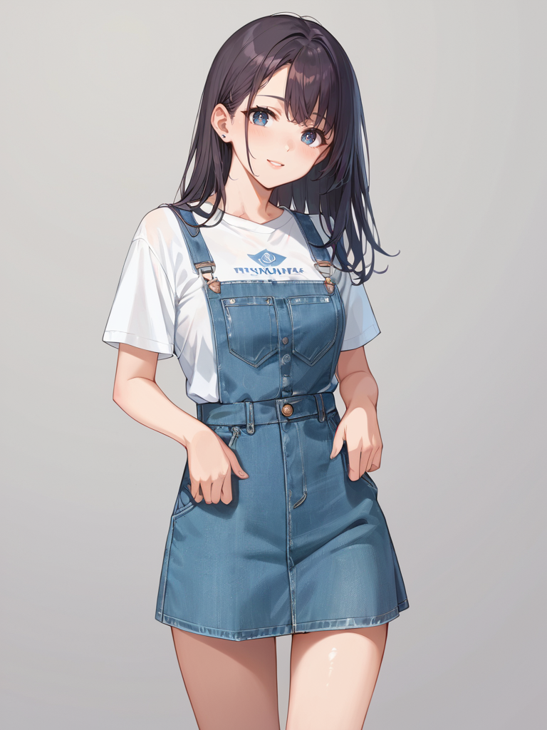 score_9, score_8_up, score_7_up,source_anime, high res image,masterpiece,best quality,girl,cute face,clear skin,shiny hair,ultra detailed eyes,simple background <lora:salopette_pony_V1.0:0.8> salopette, overall skirt