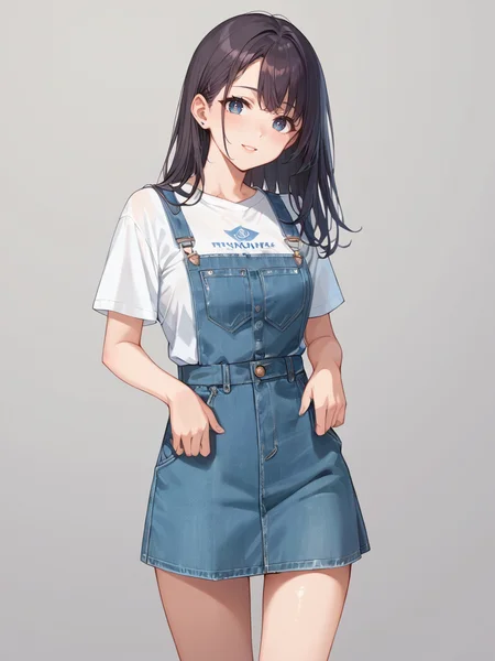 score_9, score_8_up, score_7_up,source_anime, high res image,masterpiece,best quality,girl,cute face,clear skin,shiny hair,ultra detailed eyes,simple background <lora:salopette_pony_V1.0:0.8> salopette, overall skirt