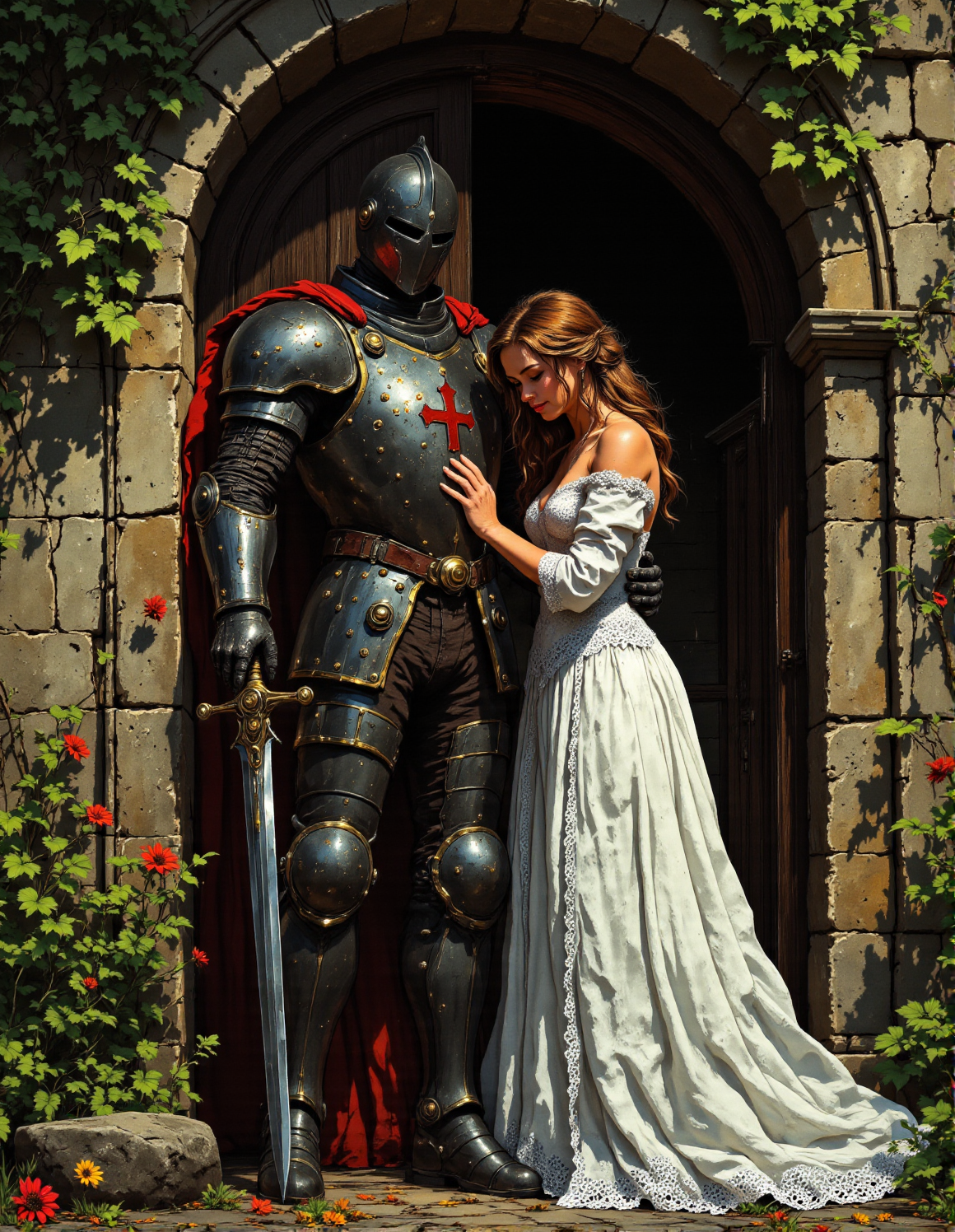 In a painterly style reminiscent of classical romantic art, depict a noble and tender scene: A knight in highly polished, dark full plate armor stands beside a fair lady in a flowing, ornate white gown. The knight's helmet obscures his face, adding to his imposing and stoic presence.  The lady, with her head gently bowed and soft features, wears a white gown with intricate lace-like details on the sleeves and skirt. She is positioned to the right of the knight and delicately places her hand on the hilt of a large, upright sword that the knight holds vertically, its point resting on the stone ground. An ornate cross emblem is visible on the knight's chest plate. They stand beside a weathered stone column or archway, partially overgrown with green ivy and foliage. The ground is stone-paved. The lighting is soft, diffused, and warm, highlighting the textures of the gown, armor, and stone. Capture the romantic, dignified, and slightly fairytale-like feel of a timeless, virtuous love, <lora:Vibrantly_Dark_style_v.1:0.3>, <lora:RetroAnimeFluxV1:0.35>, <lora:Dark Cinematic:0.8>, <lora:aidmaFLuxPro1.1_v0.3:0.6>, <lora:Cozy_Paradise:1>, <lora:- Flux1 - vanta_black_V2.0:0.7>
